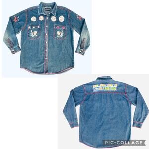 VINTAGE 90s Upcycled BOHO Embroidered Denim Button Up Jean Shirt Women SZ Large